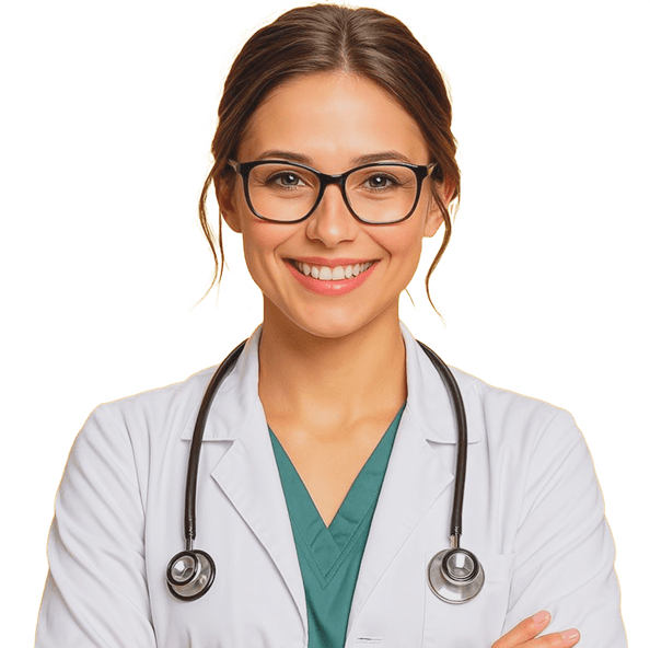 Smiling Unicare care professional in a lab coat and stethoscope