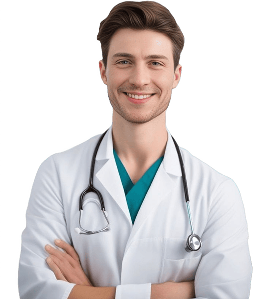 Smiling Unicare support worker in a lab coat and stethoscope
